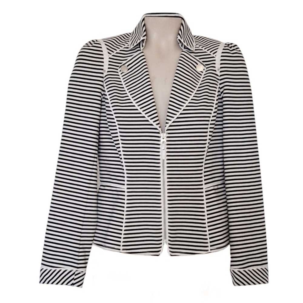 White House Black Market Striped Black and White Zipper Jacket Business Casual